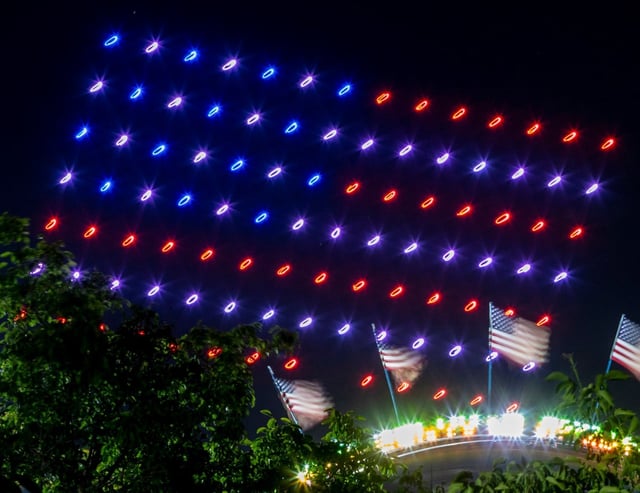 Drones create an image of the American flag during a patriotic Independence Day fireworks show in the sky above the Alameda County Fair in Pleasanton, Calif., Friday, July 1, 2022. (Karl Mondon/Bay Area News Group)