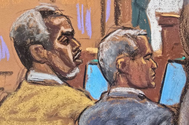 Sean "Diddy" Combs watches as lawyers argue with U.S. District Judge Arun Subramanian how to respond to a note sent by jurors, during Combs' sex trafficking trial in New York City, New York, U.S., July 1, 2025 in this courtroom sketch. REUTERS/Jane Rosenberg

 