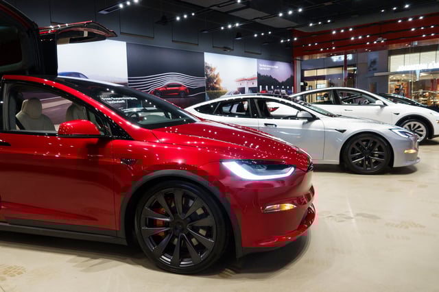  New Tesla vehicles are displayed at a showroom on May 1, 2025 in San Diego, California.