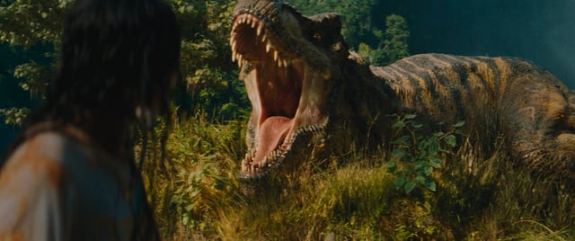 Teresa Delgado (Luna Blaise) and her family must flee from a T-Rex in a sequence from "Jurassic World Rebirth."