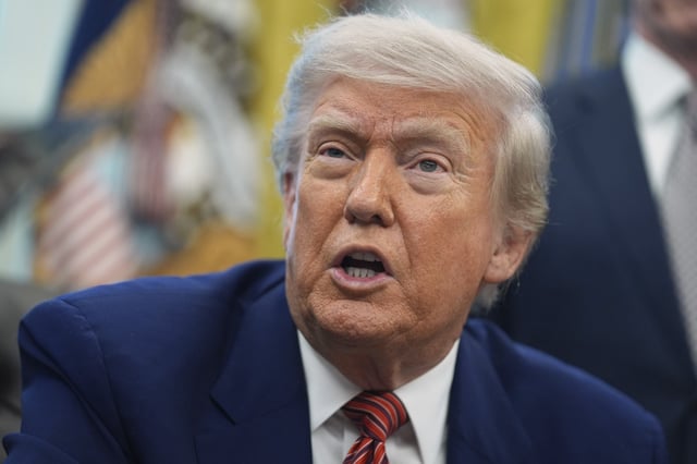 President Donald Trump speaks to reporters in the Oval Office of the White House, May 23, 2025, in Washington.
