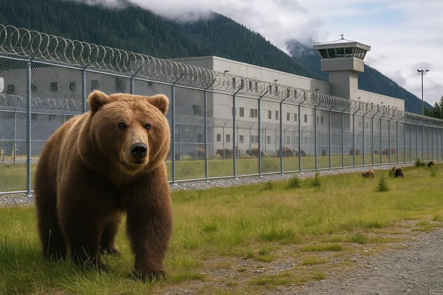AI generated image of a bear outside a detention facility.