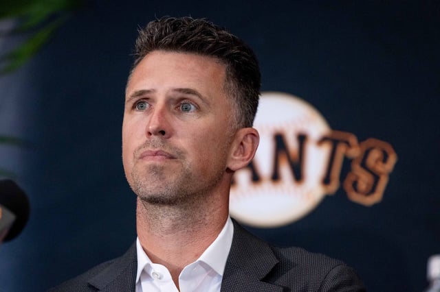 Buster Posey speaks during a press conference at Oracle Park in San Francisco to announce that Devers has left the Boston Red Sox to join the San Francisco Giants on Tuesday June 17, 2025.