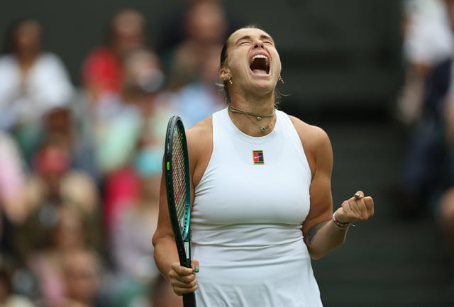 Tennis - Wimbledon - All England Lawn Tennis and Croquet Club, London, Britain - July 2, 2025 Belarus' Aryna Sabalenka reacts during her second round match against Czech Republic's Marie Bouzkova REUTERS/Isabel Infantes