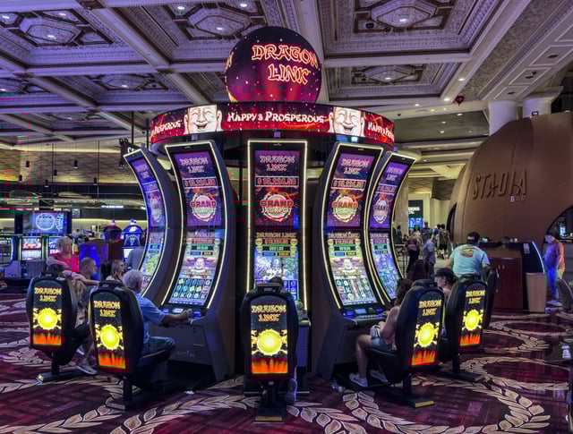 A Happy &amp; Prosperous Dragon Link slot machine is viewed at Caesars Palace Hotel &amp; Casino on May 29, 2025 in Las Vegas, Nevada.