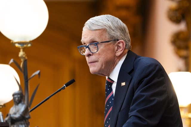 FILE - Ohio Gov. Mike DeWine gives the State of the State address in the Ohio House chambers at the Ohio Statehouse on March 12, 2025, in Columbus, Ohio.