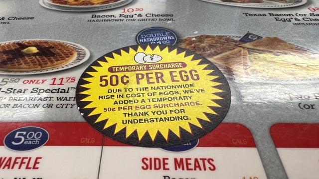 A menu in a Waffle House restaurant displays a sticker advising costumers of a 50 cent price hike per egg &#34;due to the nationwide rise in cost of eggs,&#34; in Houston, Texas, on February 6, 2025.