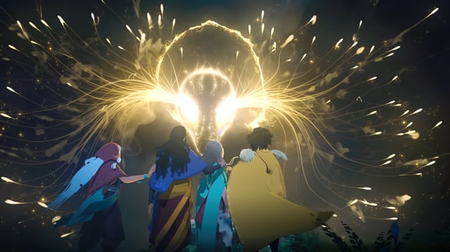 Four characters look up at a picture of a deer drawn in the night sky with magical lights in a 2020 trailer for Everwild.