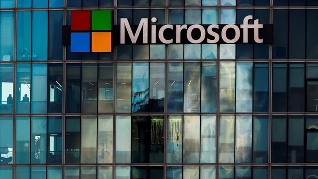 A view shows a Microsoft logo at Microsoft offices in Issy-les-Moulineaux near Paris, France, January 9, 2025. 