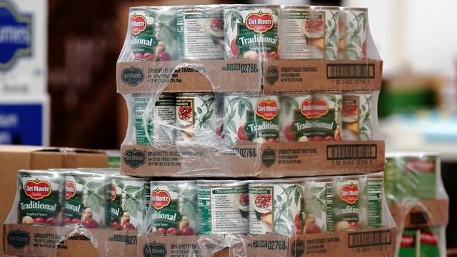 Del Monte canned tomatoes are seen among other nonperishable goods inside the West CAP Food Pantry in Boyceville, Wisconsin, U.S