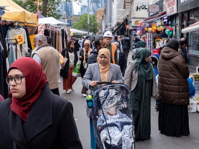 Street scene at Whitechapel Market on Whitechapel High Street on 12th June 2023 in London, United Kingdom. Whitechapel is an ethnically diverse and vibrant neighbourhood in the East End which is home to a significant population of Bangladeshi residents. This can be seen along the pavements where Whitechapel Market and the surrounding shops interact with this truly multicultural society. (photo by Mike Kemp/In Pictures via Getty Images)