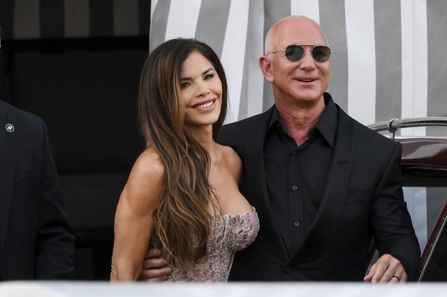 Lauren Sanchez and Jeff Bezos are seen at festivities for the Jeff Bezos and Lauren Sanchez wedding party on June 28, 2025 in Venice, Italy.