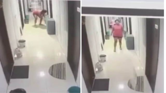  In the horrific CCTV clip, she is seen picking up the cat in a corridor while it was trying to get into her room.