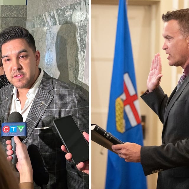 Then-Minister of Infrastructure Peter Guthrie is sworn into cabinet, in Edmonton, Friday, June 9, 2023. THE CANADIAN PRESS/Jason Franson.

Lesser Slave Lake MLA Scott Sinclair, right, speaks with members of the media at the Alberta legislature building in Edmonton on Monday March 10, 2025. THE CANADIAN PRESS/Jack Farrell