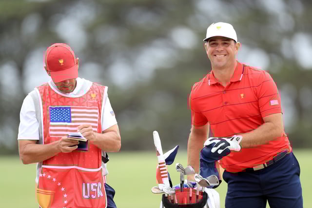 Gary Woodland of the United States Team plays his second shot on the second hole in his match against Sungjae Im during the final day singles matches in the 2019 Presidents Cup at Royal Melbourne Golf Club on December 15, 2019 in Melbourne, Australia.