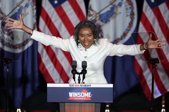 Virginia Republican gubernatorial candidate Lt. Gov. Winsome Earle-Sears speaks to supporters during a primary night rally at the Hippodrome Theater June 17, in Richmond, Virginia.