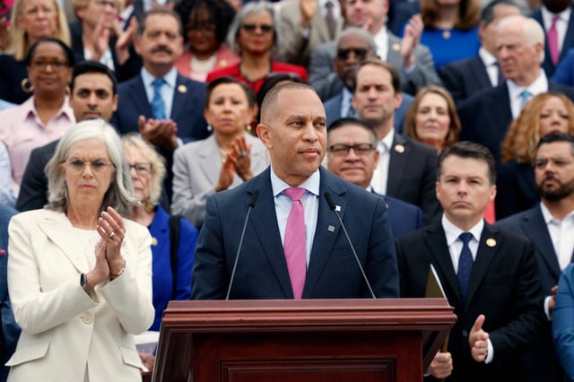 WASHINGTON, DC - JULY 02: House Minority Leader Rep. Hakeem Jeffries (D-NY), joined by fellow Democrats, speaks out against the One, Big, Beautiful Bill Act at a press conference outside of the U.S. Capitol on July 02, 2025 in Washington, DC. House Republicans continue their work to pass the Senate version of The One, Big, Beautiful Bill Act, President Trump&#39;s sweeping tax and spending bill. (Photo by Kevin Dietsch/Getty Images)