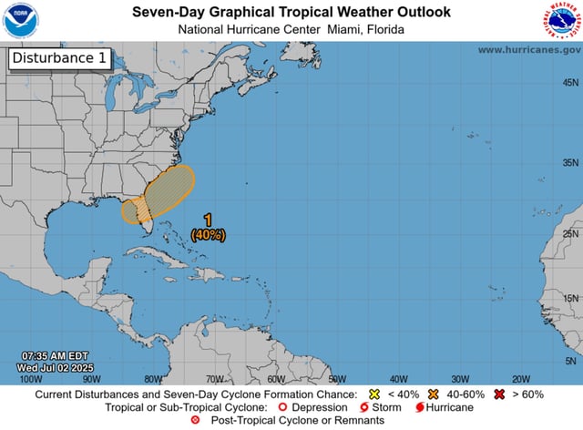 A map from the National Hurricane Center shows Tropical Storm Chantal could form near four states this weekend.