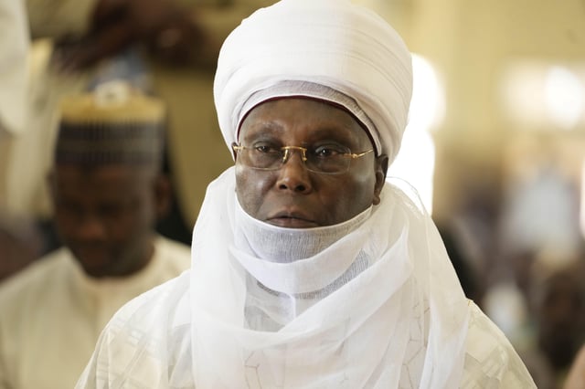 FILE - Atiku Abubakar, presidential candidate of the People's Democratic party, Nigeria's opposition party, during a traditional Friday prayers at the Moddibo Adama Mosque in Yola Nigeria, Friday, Feb. 24, 2023. (AP Photo/Sunday Alamba, file)