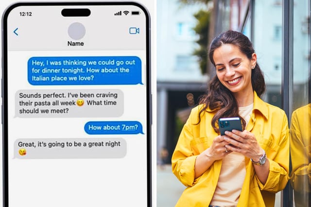 From left: Examples of text messaging with emojis; and a woman smiling at the smartphone in her hand while outdoors.