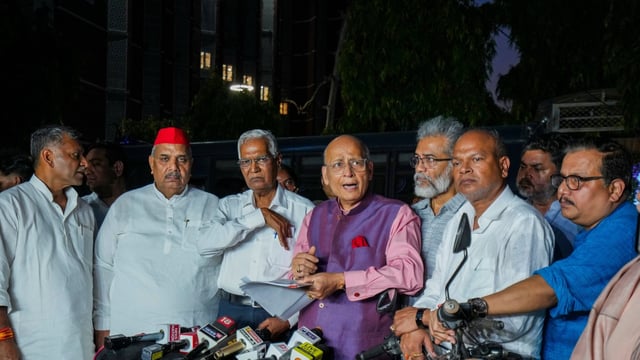 Congress MP Abhishek Manu Singhvi with Bihar party President Rajesh Ram, CPI (ML) Liberation General Secretary Dipankar Bhattacharya, RJD leader Manoj Jha, and other INDIA bloc leaders address the media after meeting the Election Commission, outside Nirvachan Sadan, in New Delhi, Wednesday, July 2, 2025. 