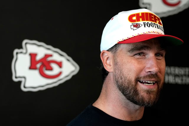 Travis Kelce of the Kansas City Chiefs talks with the media after a mandatory minicamp at The University of Kansas Health System Training Complex on June 18, in Kansas City, Missouri.