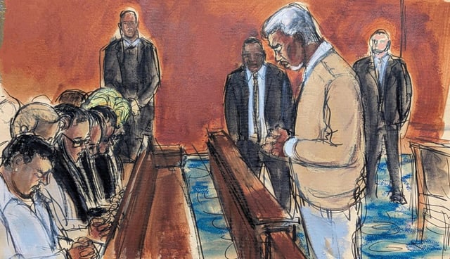 In this courtroom sketch, Sean “Diddy” Combs, rights, leads his family in a prayer before the verdict was read, convicting him of prostitution-related offenses but acquitting him of sex trafficking and racketeering charges, Wednesday, July 2, 2025, in Manhattan federal court in New York. (Elizabeth Williams via AP)