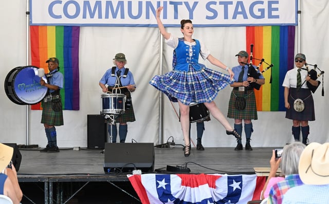 Katie Krull with the San Jose School of Highland Dancing performs as MacIntosh Pipe Band from Larkspur plays at the Marin County Fair in San Rafael, Calif. on Saturday, July 6, 2024. (Sherry LaVars/Marin Independent Journal)