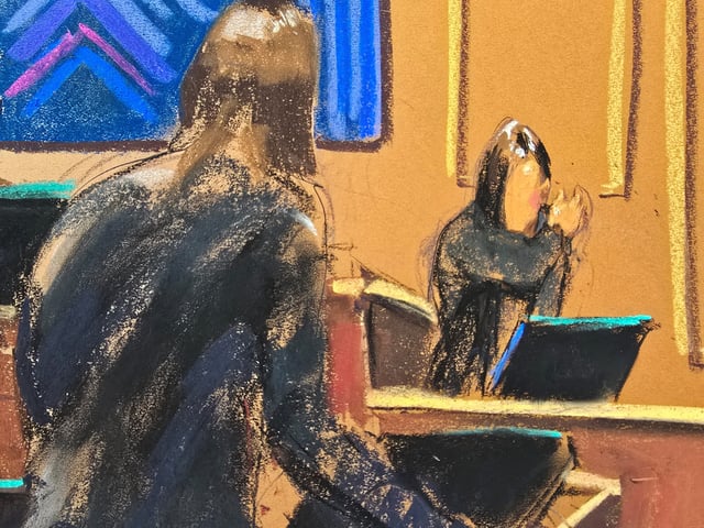 "Jane" demonstrates a choke hold that she says Sean "Diddy" Combs put her in, during Combs' sex trafficking trial in New York City, New York, June 12, 2025, in this courtroom sketch.