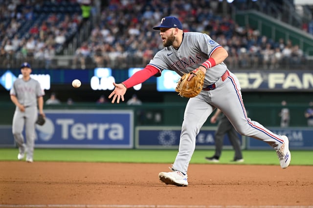 Jun 6, 2025; Washington, District of Columbia, USA; Texas Rangers first baseman Jake Burger (21) tosses the ball to first base during the eighth inning against the Washington Nationals at Nationals Park. Mandatory Credit: Rafael Suanes-Imagn Images/File Photo