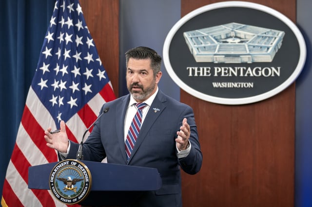 Pentagon spokesman Sean Parnell speaks during a press briefing at the Pentagon, Wednesday, July 2, 2025, in Washington. (AP Photo/Mark Schiefelbein)