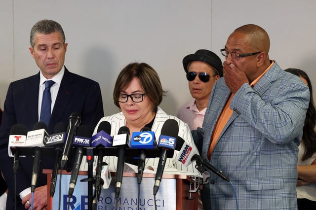 At the Chicago law office of Romanucci &amp; Blandin, July 2, 2025, Yolanda Rivera calls for greater transparency in the investigation in the shooting death of her daughter, Chicago police officer Krystal Rivera, with attorney Antonio Romanucci, left, and Krystal’s stepfather Rico Thompson. (Terrence Antonio James/Chicago Tribune)