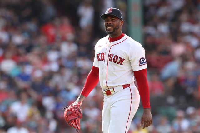 BOSTON, MASSACHUSETTS - JUNE 29: Aroldis Chapman #44 of the Boston Red Sox reacts during the ninth inning against the Toronto Blue Jays at Fenway Park on June 29, 2025 in Boston, Massachusetts.