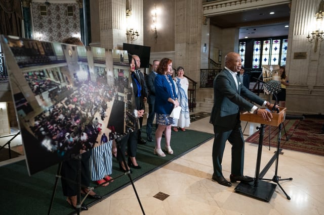 Mayor Eric Adams speaks at the Roosevelt Hotel during a press conference Wednesday, July 2, 2025 in Manhattan, New York. The hotel has finished serving migrants arriving in New York City. (Barry Williams/ New York Daily News)