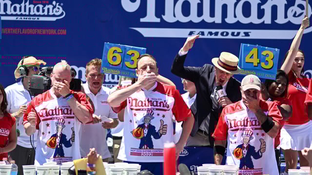 Joey Chestnut won the Nathan’s Hot Dog Eating Contest for a seventh straight year.
