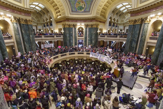 Abortion rights supporters rally at the Bigger Than Roe National Mobilization March in the rotunda of the Capital in Madison, on January 22, 2022. 