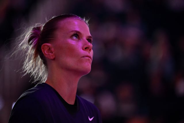 FILE: Julie Vanloo of the Golden State Valkyries looks on during player introductions before a game against the Las Vegas Aces at Chase Center on June 7, 2025, in San Francisco.
