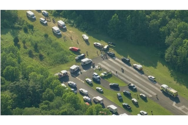 A photo from CBS Philadelphia shows response after a downed aircraft near Cross Keys Airport in New Jersey July 2, 2025. (Photo from CBS Philadelphia)