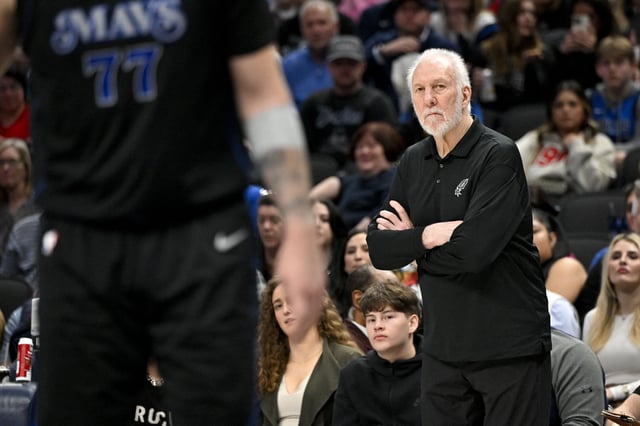 Feb 14, 2024; Dallas, Texas, USA; San Antonio Spurs head coach Gregg Popovich watches the game between the Dallas Mavericks and the San Antonio Spurs during the second half at the American Airlines Center. Mandatory Credit: Jerome Miron-USA TODAY Sports/File Photo