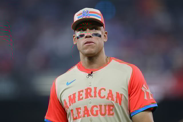 Aaron Judge #99 of the New York Yankees warms up prior to the 94th MLB All-Star Game presented by Mastercard at Globe Life Field on July 16, 2024, in Arlington, Texas.