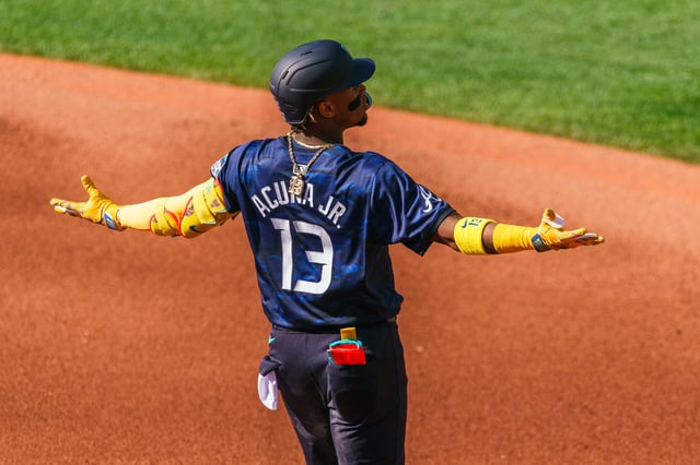 Ronald Acuna Jr. #13 of the Atlanta Braves gestures towards the outfield in the first inning during the 93rd MLB All-Star Game presented by Mastercard at T-Mobile Park on July 11, 2023 in Seattle, Washington.