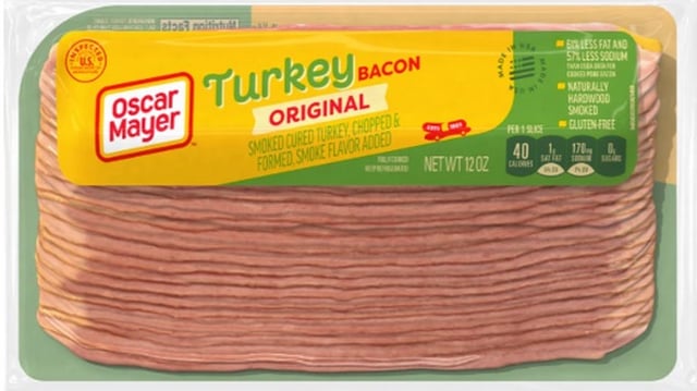A 12-ounce pack of Oscar Mayer Turkey Bacon, Original Flavor.