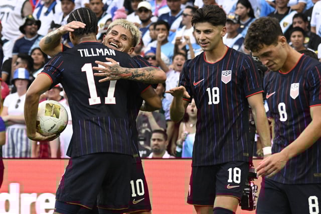 Jul 2, 2025; St. Louis, Missouri, USA; United States of America midfielder Diego Luna (10) reacts after scroing a goal against Guatemala during a semifinal match of the 2025 Gold Cup at Energizer Park. Mandatory Credit: Scott Rovak-Imagn Images