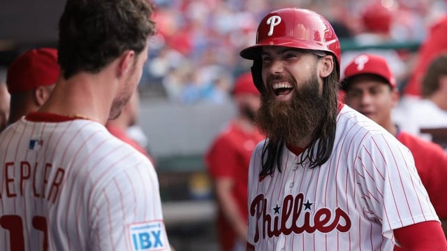 Jul 2, 2025; Philadelphia, Pennsylvania, USA; Philadelphia Phillies outfielder Brandon Marsh (16) celebrates with outfielder Max Kepler (17) after hitting a home run against the San Diego Padres during the fifth inning at Citizens Bank Park. Mandatory Credit: Bill Streicher-Imagn Images
