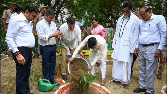 UP’s minister of state for environment, forest and climate change KP Malik, the chief guest at the event, planted a “rudraksha” sapling on the occasion. (Sunil Ghosh/HT Photos)