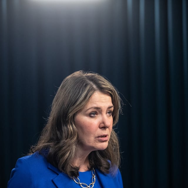 Alberta Premier Danielle Smith announces proposed changes to several pieces of democratic process legislation, in Edmonton on Tuesday April 29, 2025. THE CANADIAN PRESS/Jason Franson