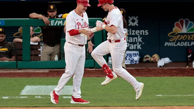 The Philadelphia Phillies’ Max Kepler, right, ended his home run drought with a two-run blast in the fourth inning against the San Diego Padres in the second game of a doubleheader at Citizens Bank Park on Wednesday, July 2, 2025, in Philadelphia. (Elizabeth Robertson/The Philadelphia Inquirer/TNS)
