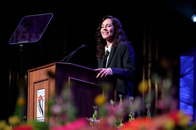 Women’s Basketball Hall of Fame Inductee, Sue Bird, gives her remarks during the 2025 Women’s Basketball Hall of Fame Induction Ceremony at the Tennessee Theatre, June 14, 2025, in Knoxville, Tenn.