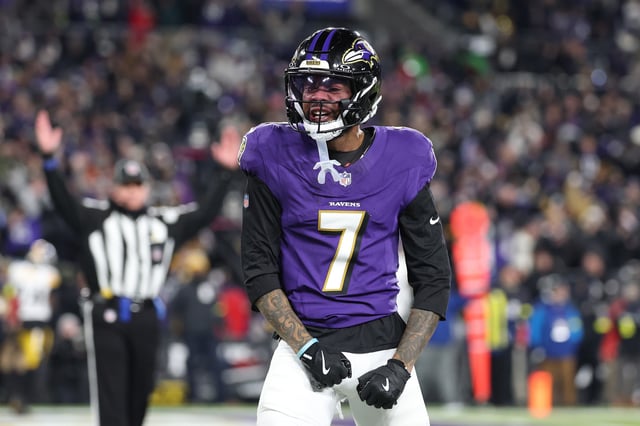 Rashod Bateman #7 of the Baltimore Ravens celebrates a touchdown during the first quarter against the Pittsburgh Steelers during the AFC Wild Card Playoff at M&amp;T Bank Stadium on January 11, 2025 in Baltimore, Maryland