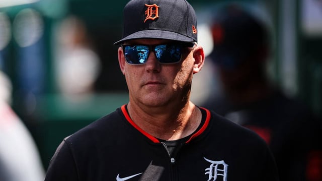 Detroit Tigers manager A.J. Hinch looks on in the dugout during the first game of a doubleheader against the Washington Nationals at Nationals Park on Wednesday, July 2, 2025, in Washington, D.C. (Scott Taetsch/Getty Images/TNS)